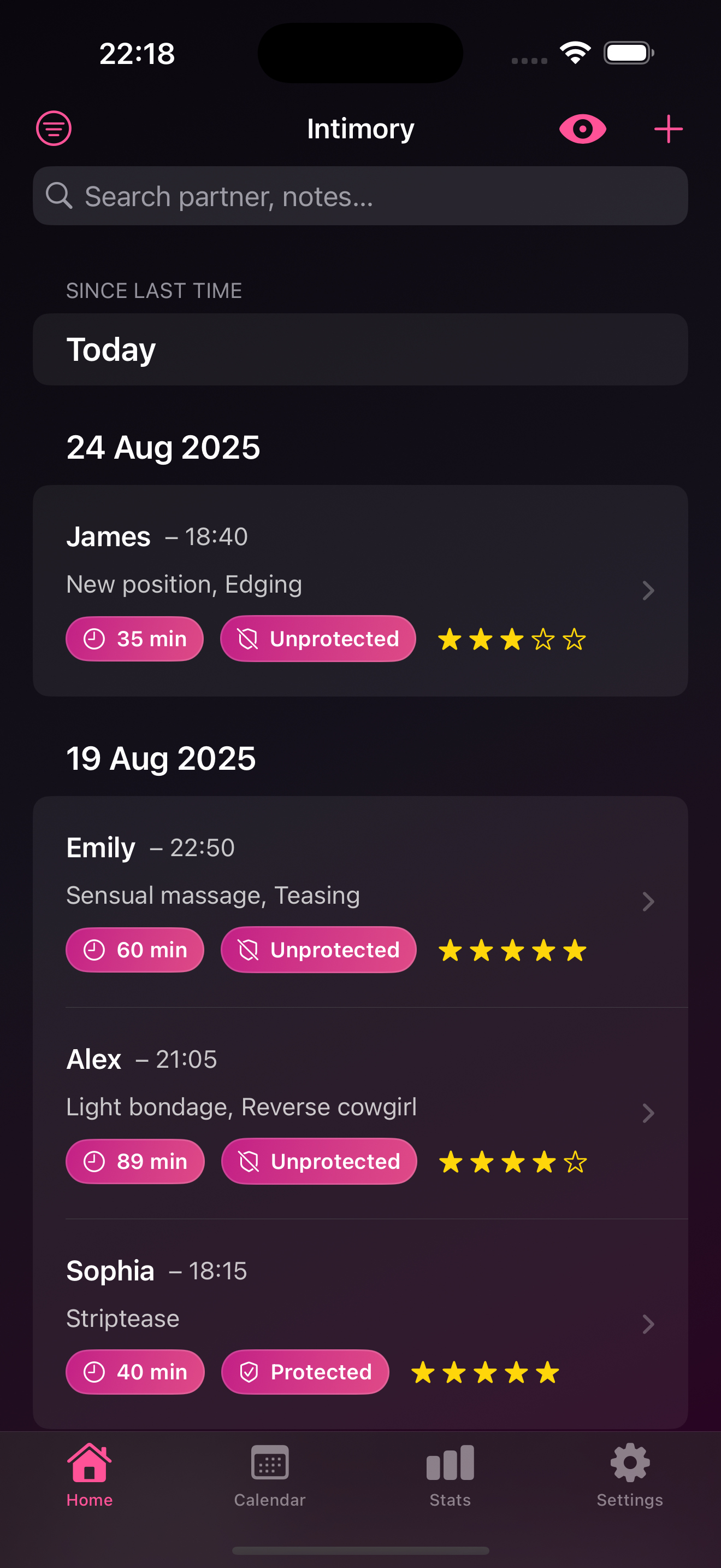 Intimory app screenshot (English version)