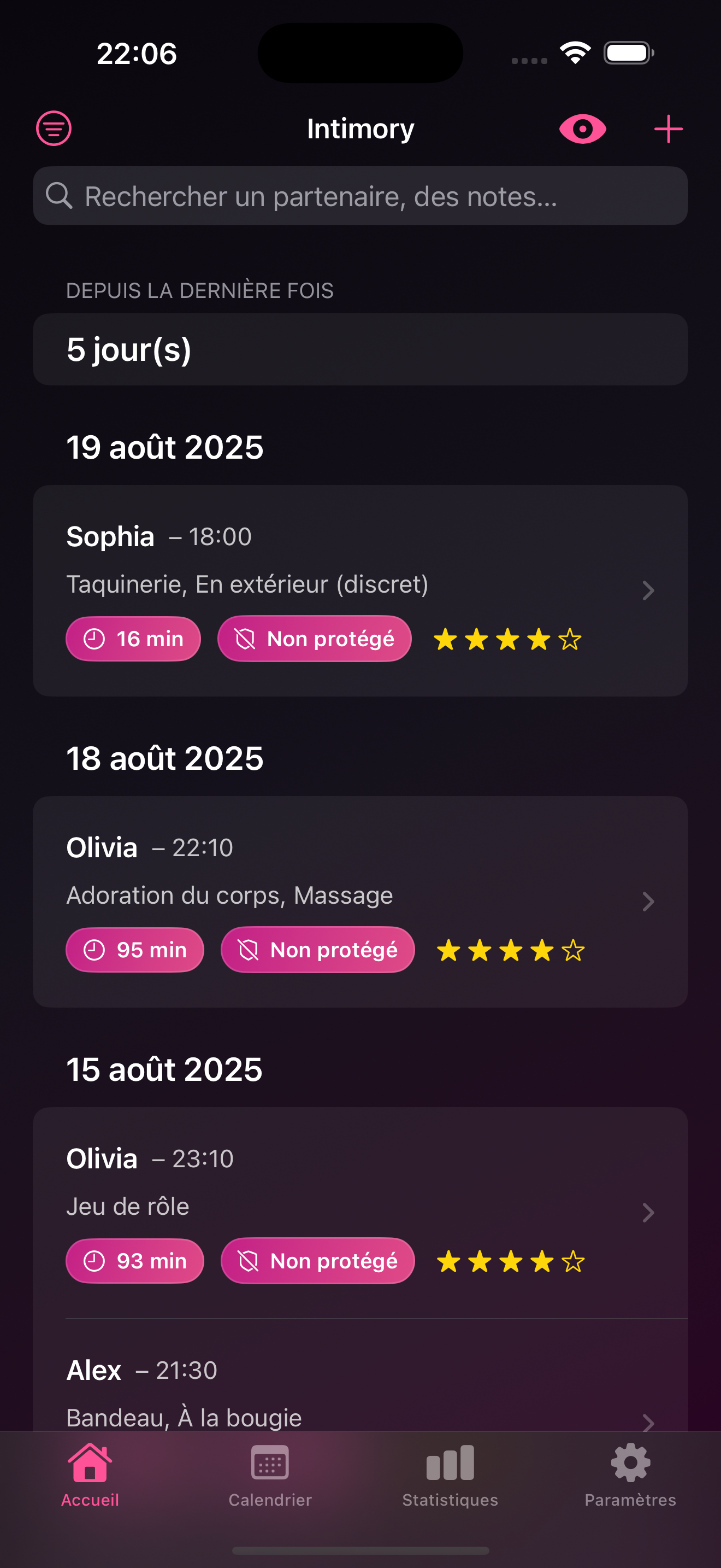 Capture d’écran de l’app Intimory (version française)